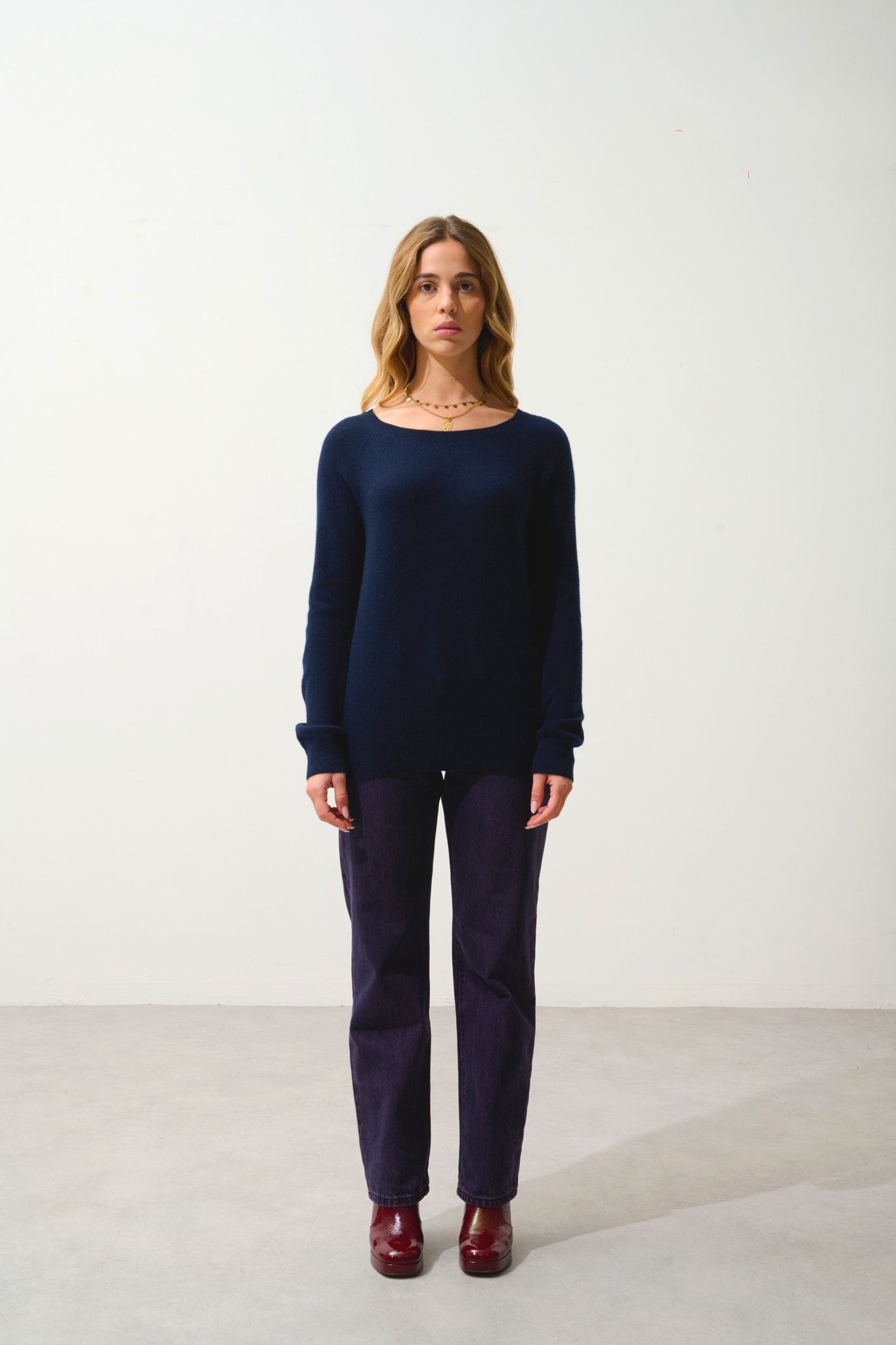 dibona pull col bateau goutte dos navy 100% cachemire