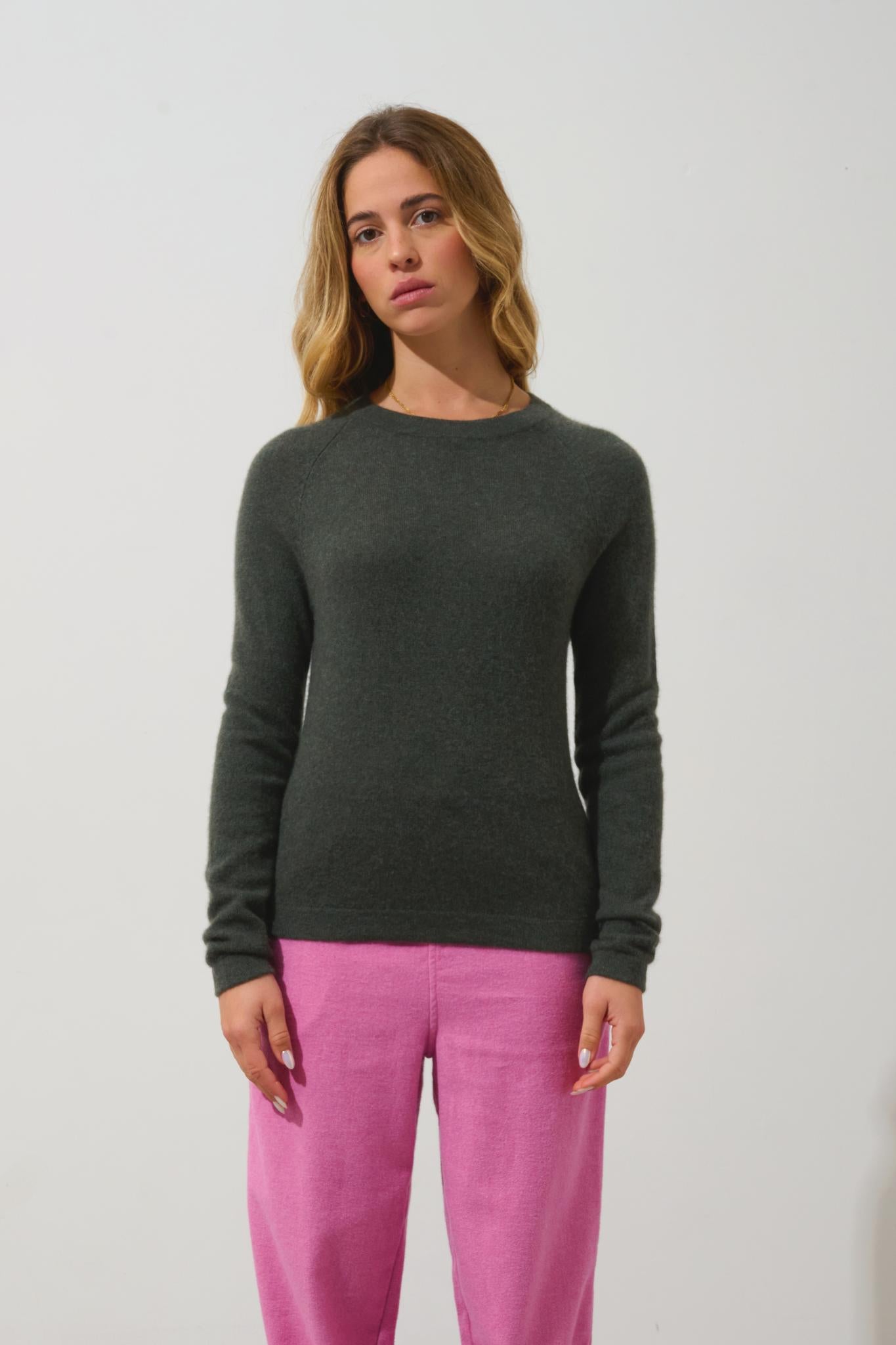 ECRIN pull col rond kaki chiné 100% cachemire