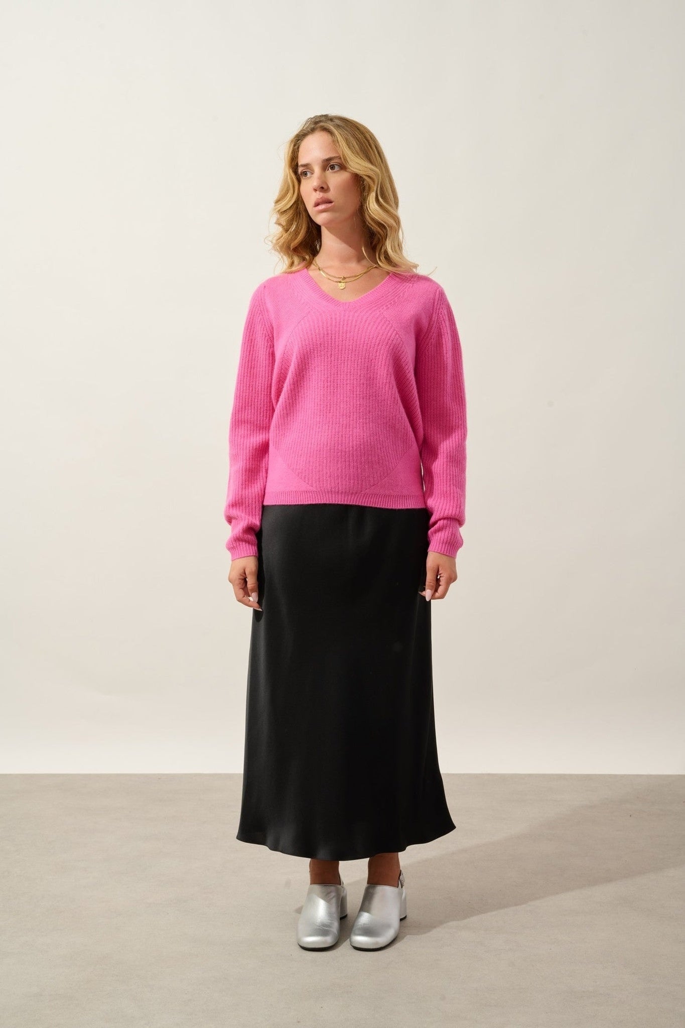 elvaris pull col v 4 fils rose 100% cachemire