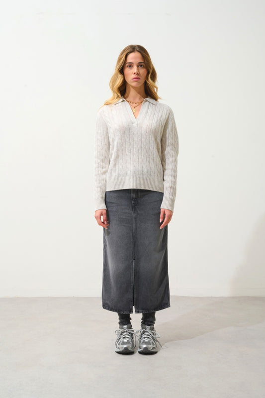 elysandra pull col polo ouvert 4 fils gris perle chiné 100% cachemire