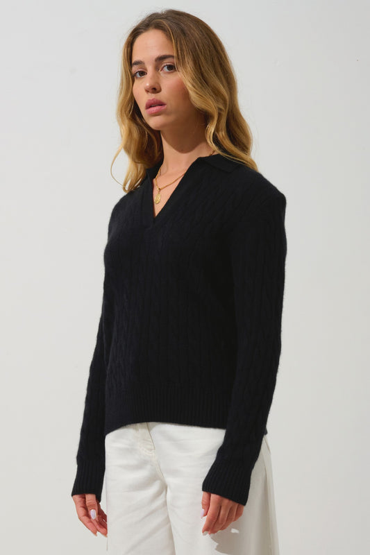 elysandra pull col polo ouvert 4 fils noir 100% cachemire