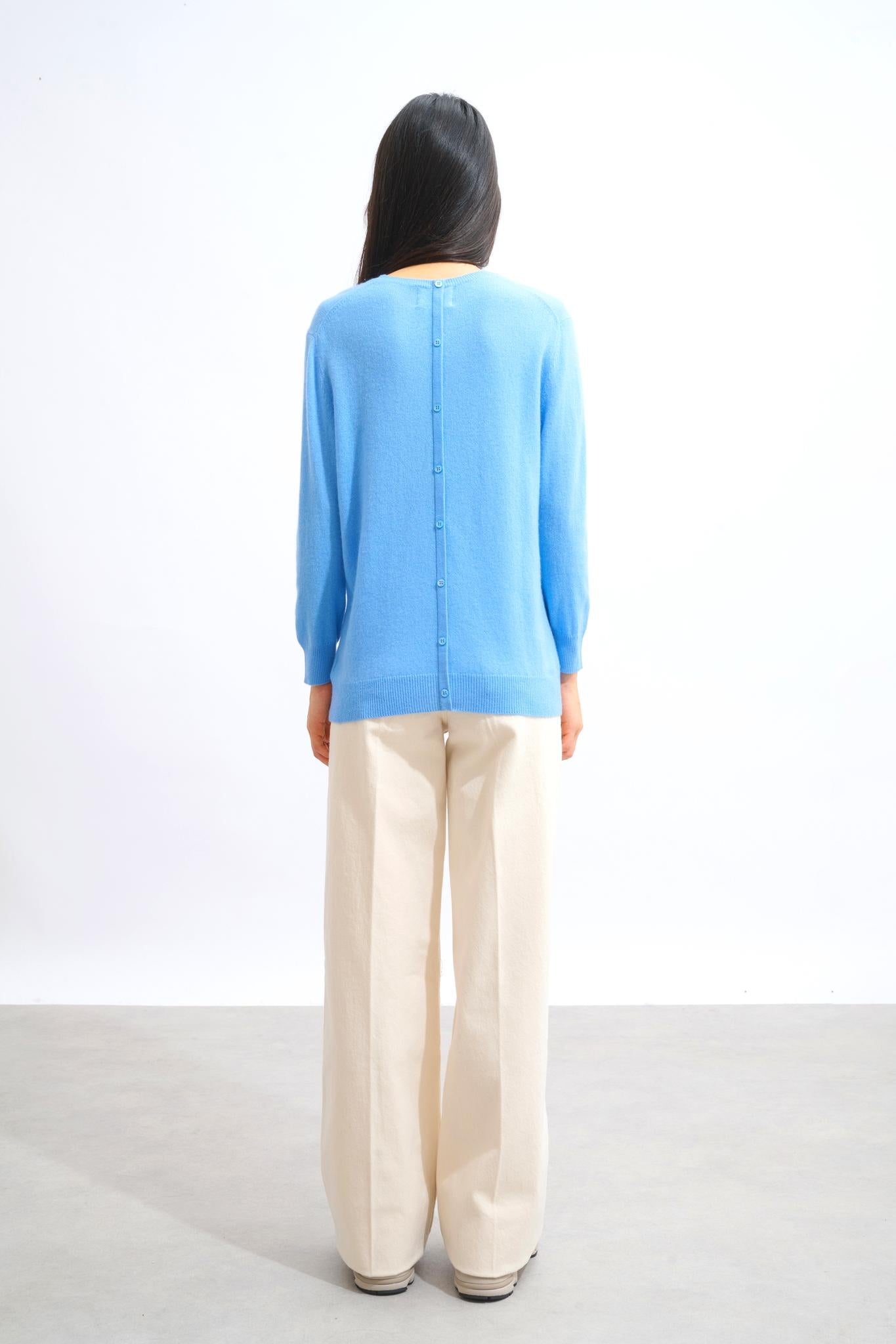 ESTARIS pull col rond boutonné dos baby blue 100% cachemire