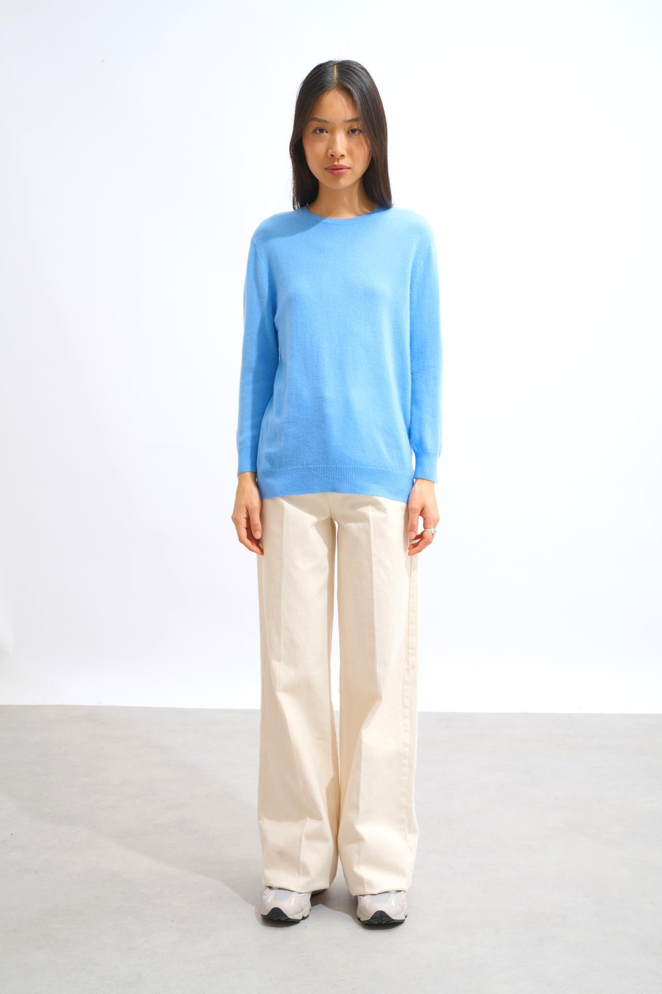 ESTARIS pull col rond boutonné dos baby blue 100% cachemire