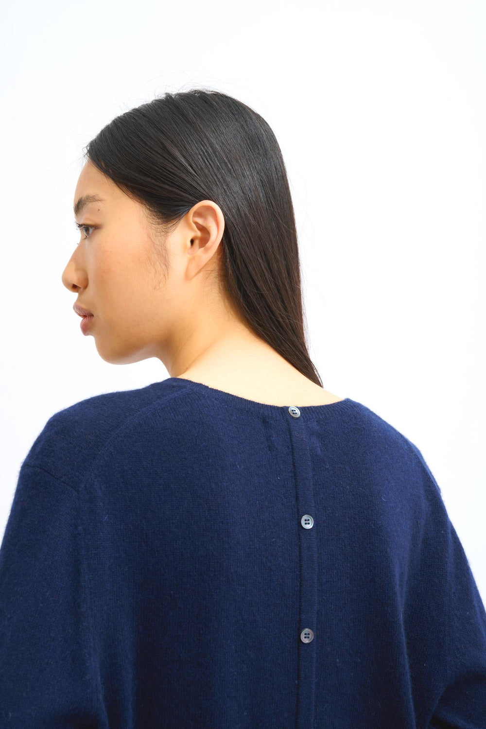 ESTARIS navy 100% cashmere round-neck button-down sweater