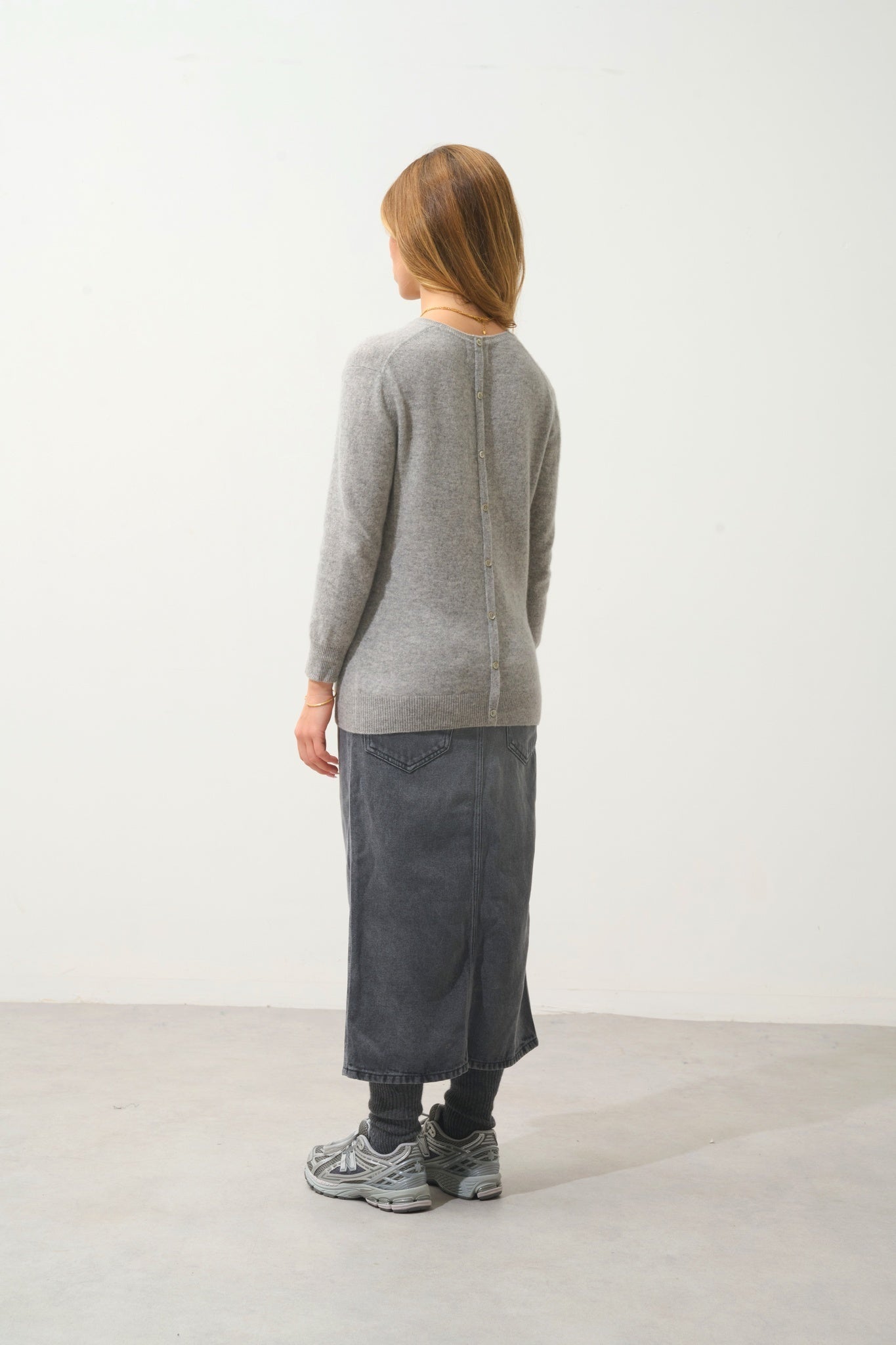 ESTARIS Pullover Rundhalsausschnitt geknöpft Rücken Wolke meliert 100% Kaschmir