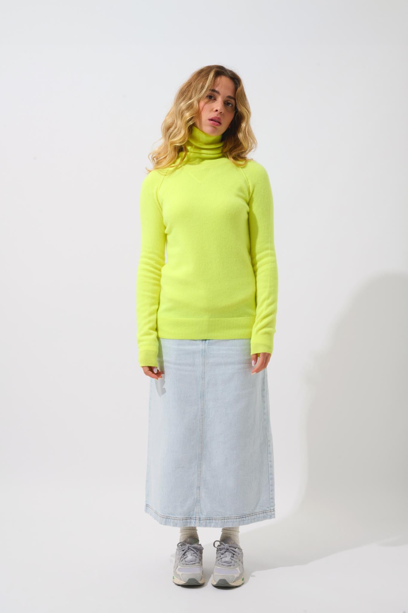 ETRET pull col rond jaune fluo 100% cachemire