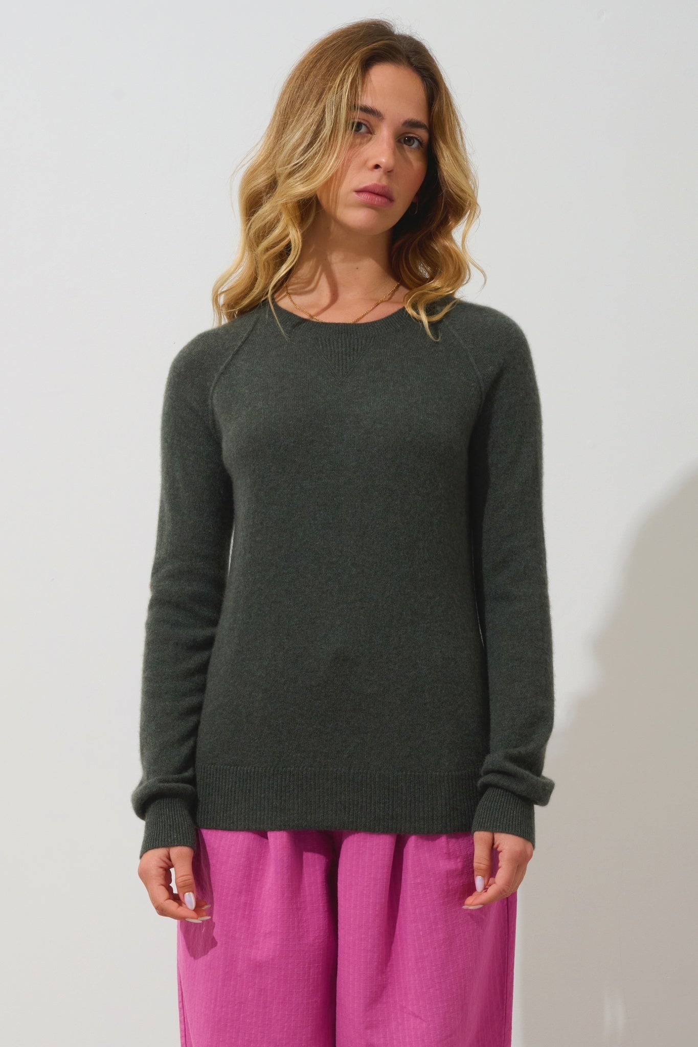 ETRET Pullover mit Rundhalsausschnitt khaki meliert 100% Kaschmir