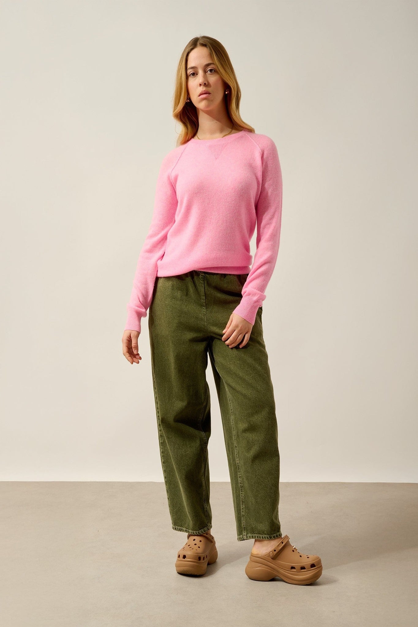 etret pull col rond rose fluo chiné 100% cachemire