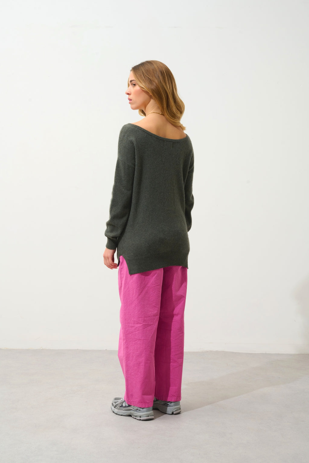 FARAUT pull col rond kaki chiné 100% cachemire