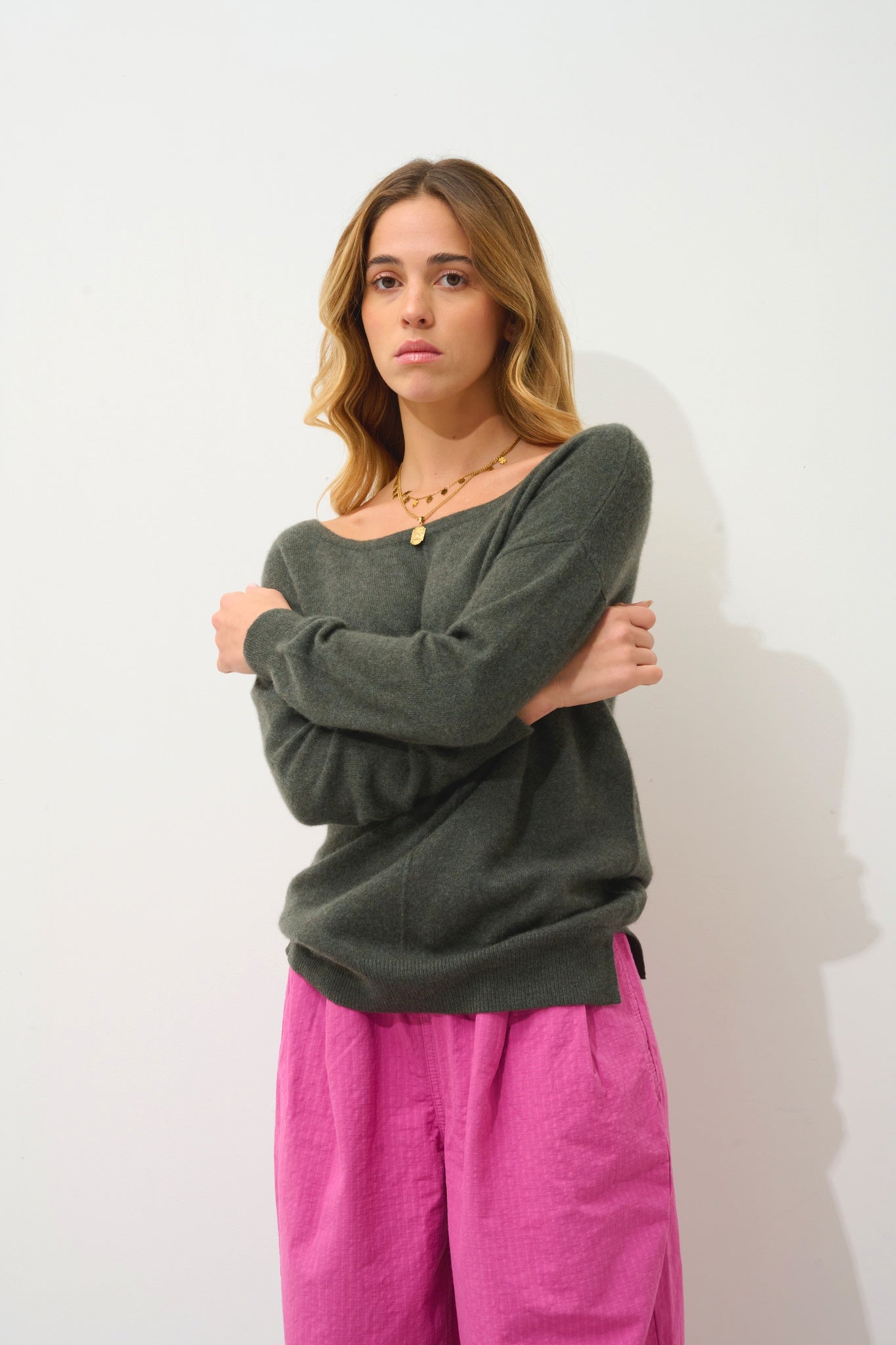FARAUT pull col rond kaki chiné 100% cachemire