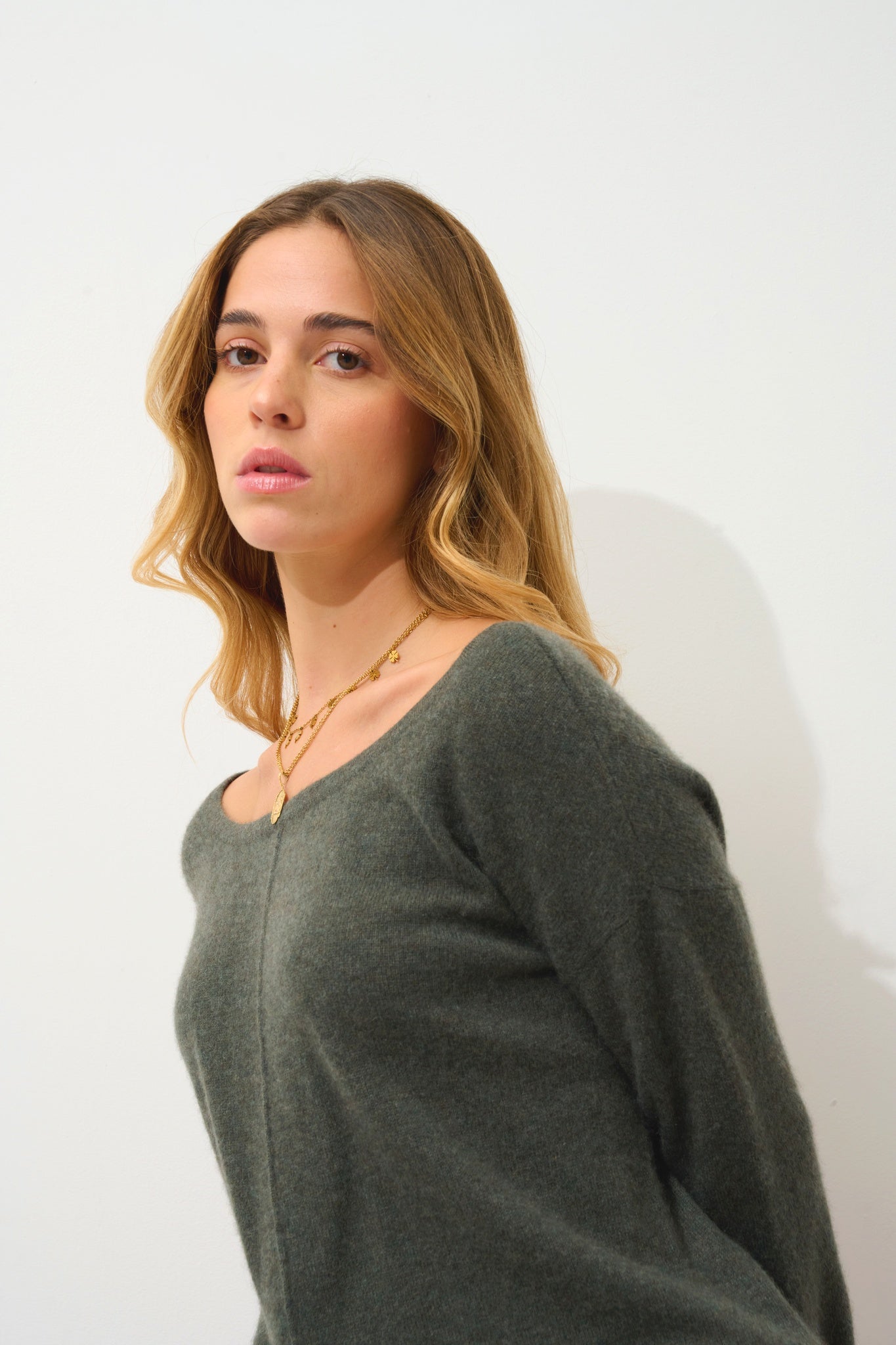 FARAUT pull col rond kaki chiné 100% cachemire