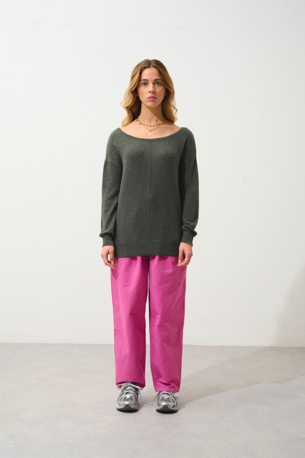 FARAUT pull col rond kaki chiné 100% cachemire