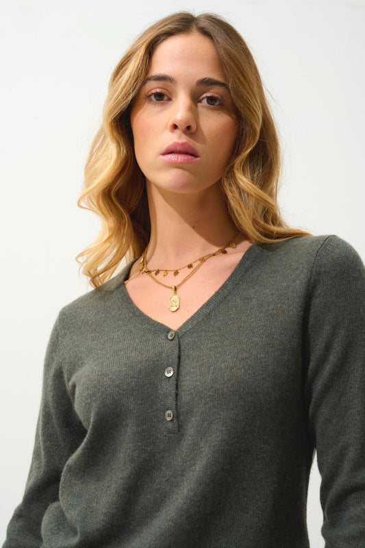 GABLE pull col v boutonné kaki chiné 100% cachemire