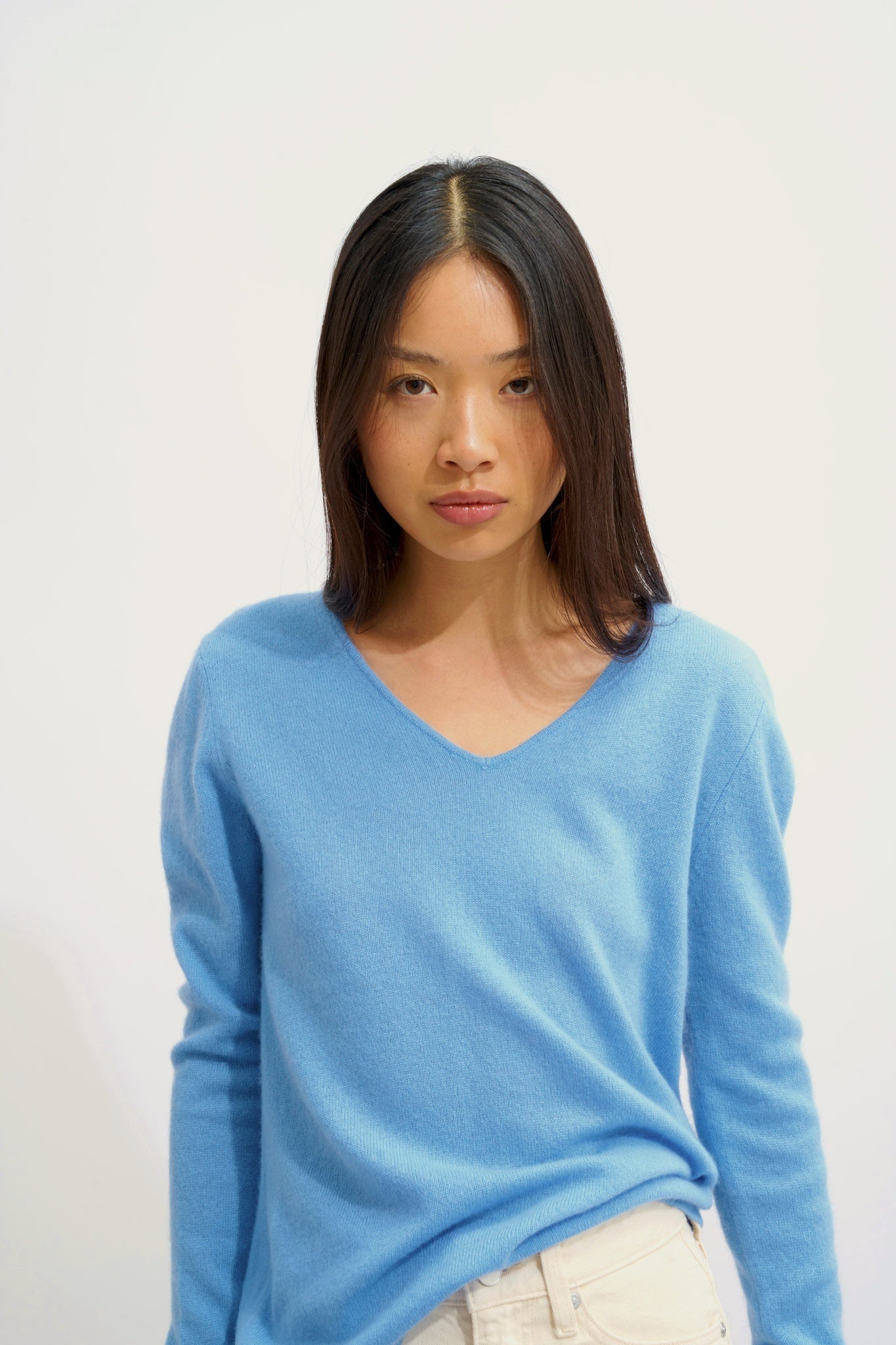 GALISE babyblauer Pullover mit V-Ausschnitt, 100 % Kaschmir