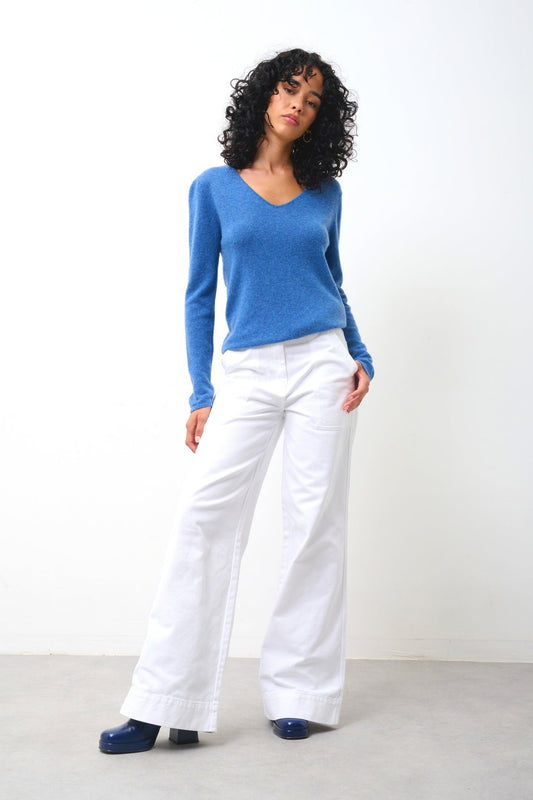 GALISE Pullover mit V-Ausschnitt in Denimblau aus 100% Kaschmir