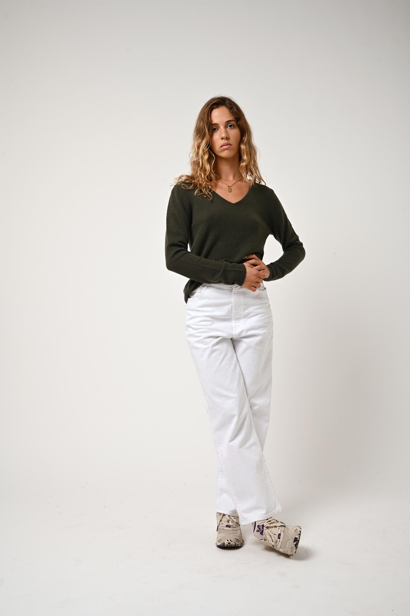 GALISE Khaki-Pullover mit V-Ausschnitt, 100 % Kaschmir