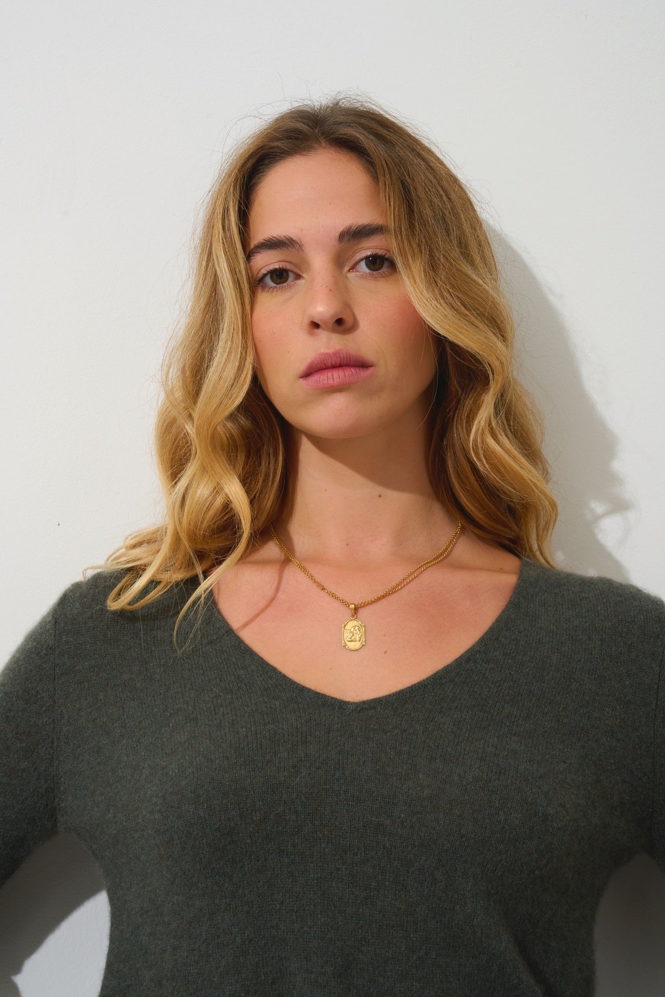 GALISE Pullover mit V-Ausschnitt khaki meliert 100% Kaschmir