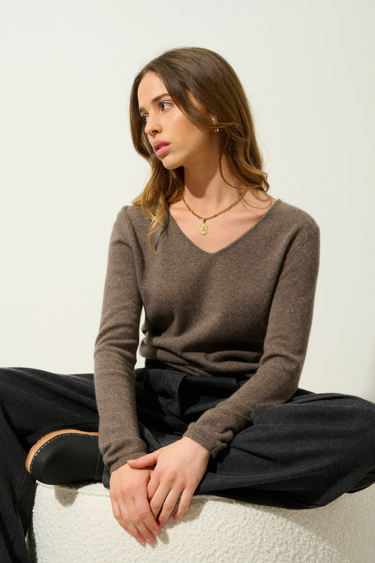 GALISE pull col v taupe chiné 100% cachemire