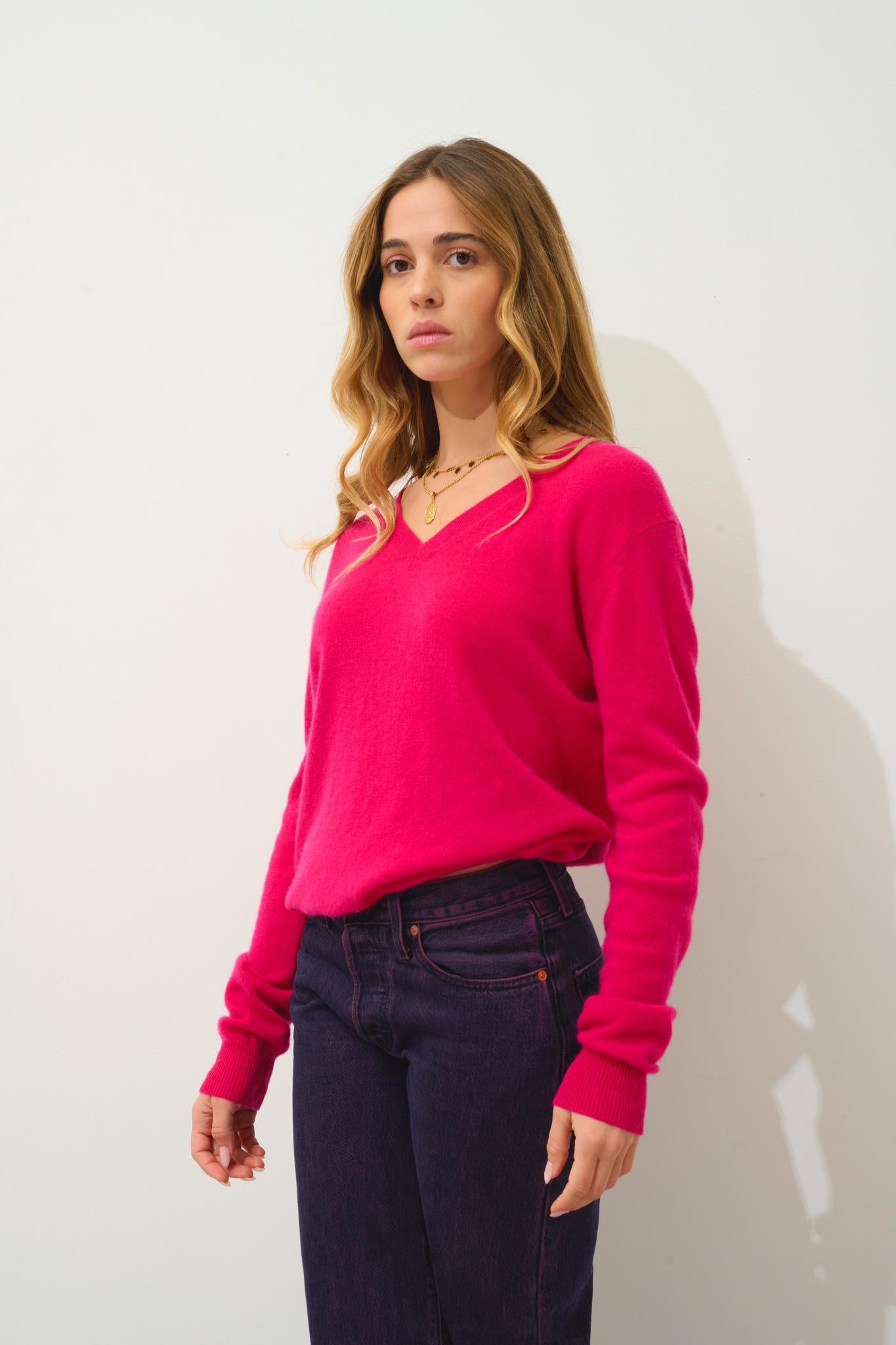 GARDORIA pull col v fuchsia 100% cachemire