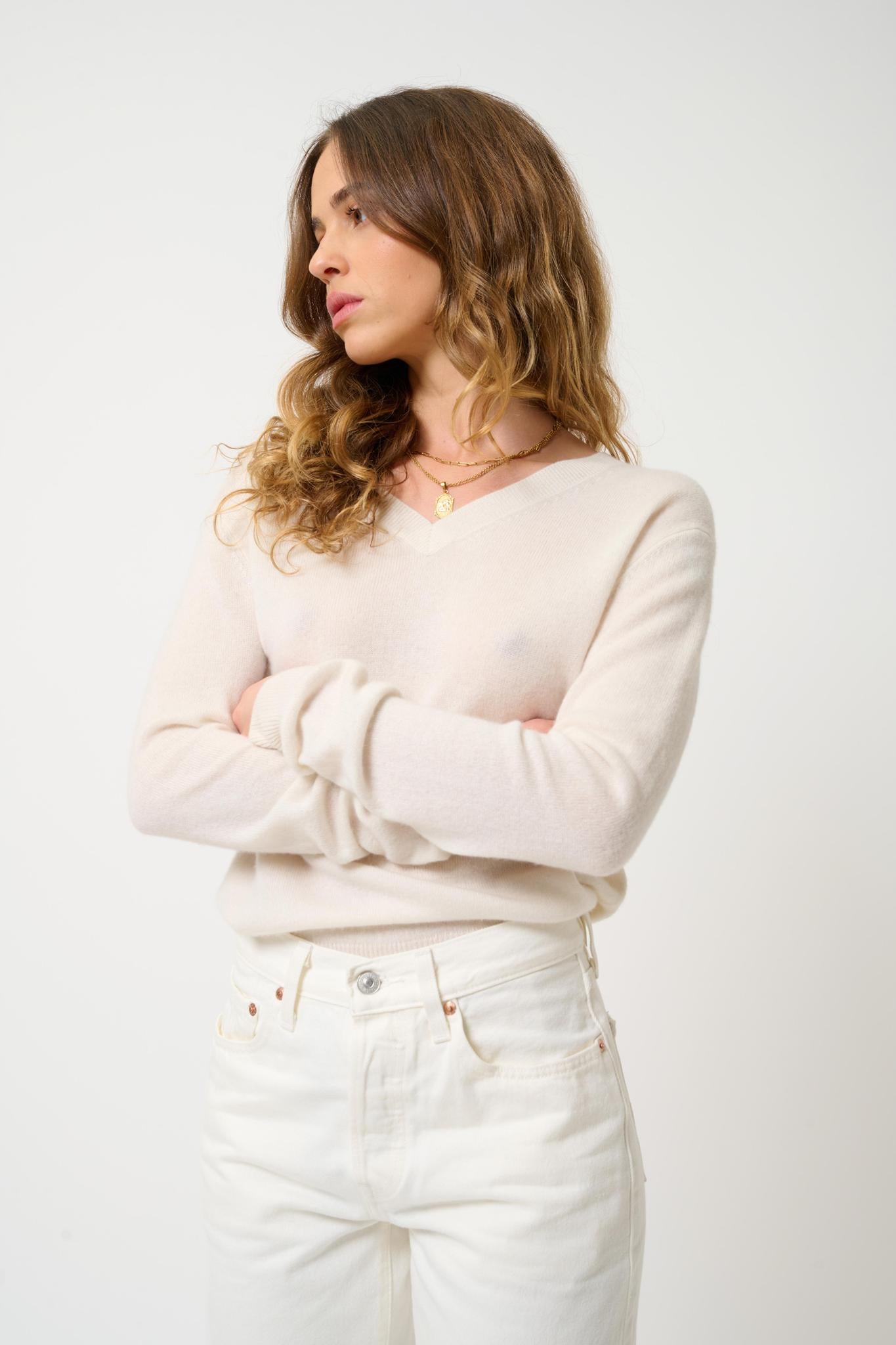 GARDORIA Elfenbeinfarbener Pullover mit V-Ausschnitt, 100 % Kaschmir