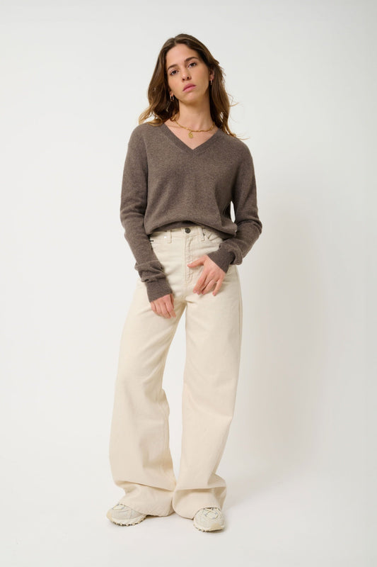GARDORIA pull col v taupe chiné 100% cachemire