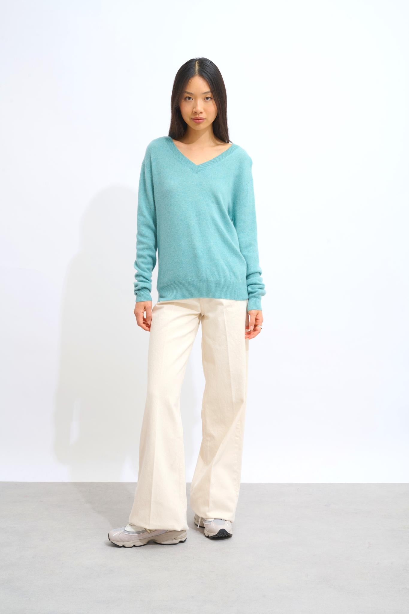 GARDORIA pull col v vert chiné 100% cachemire