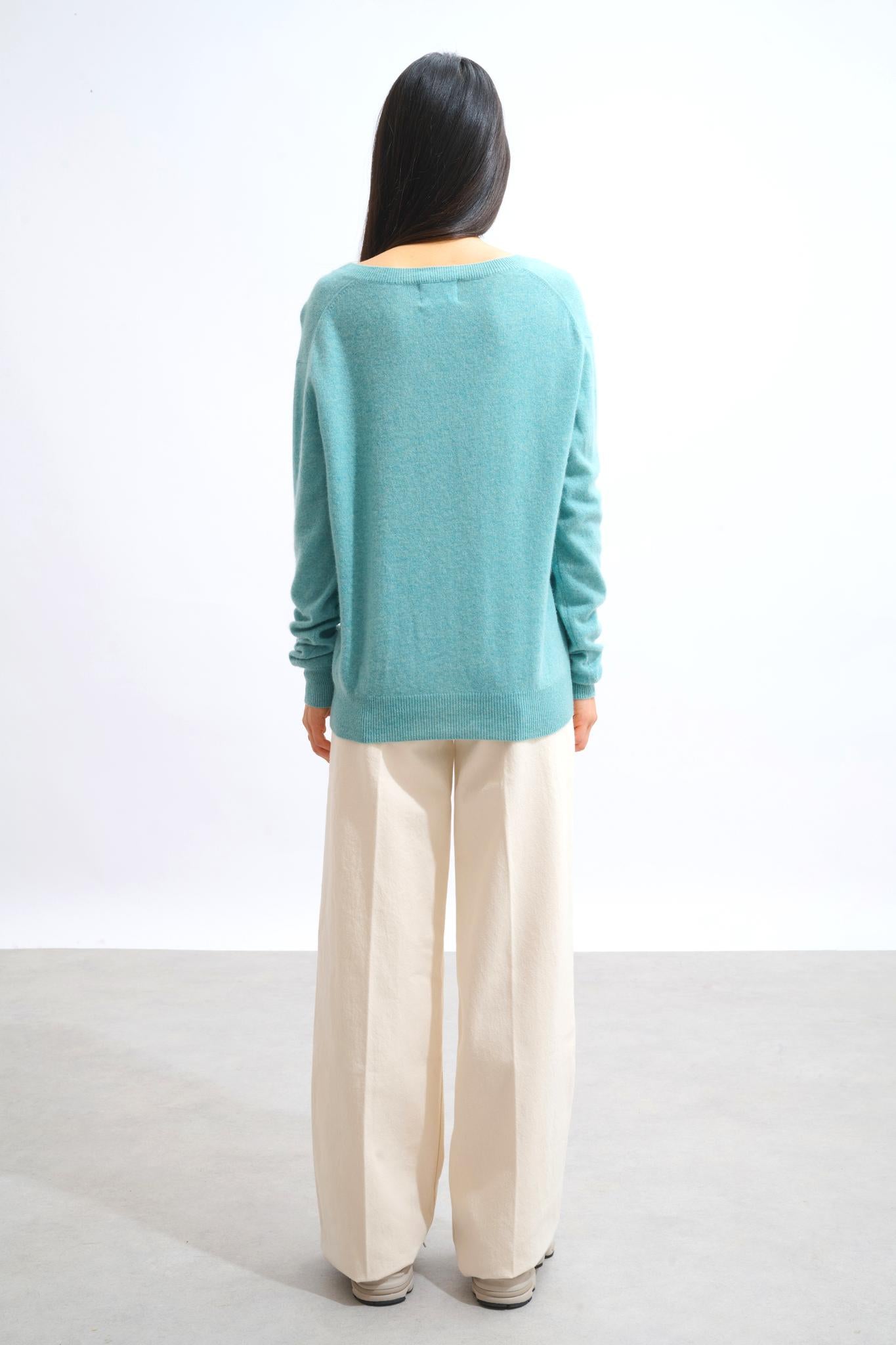 GARDORIA pull col v vert chiné 100% cachemire