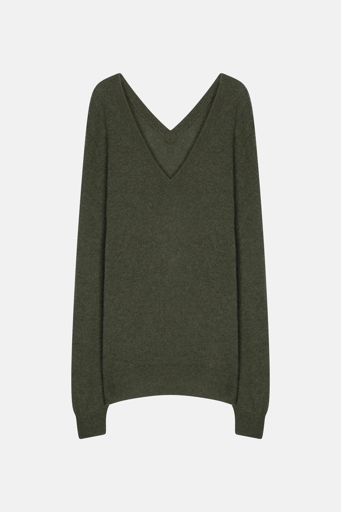 GIEGN Pullover mit V-Ausschnitt vorne und hinten khaki meliert 100% Kaschmir