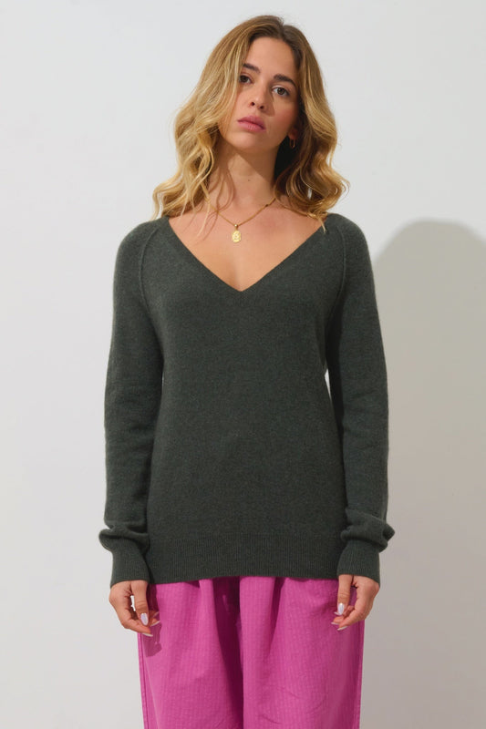 GIUSALET Pullover mit V-Ausschnitt khaki meliert 100% Kaschmir