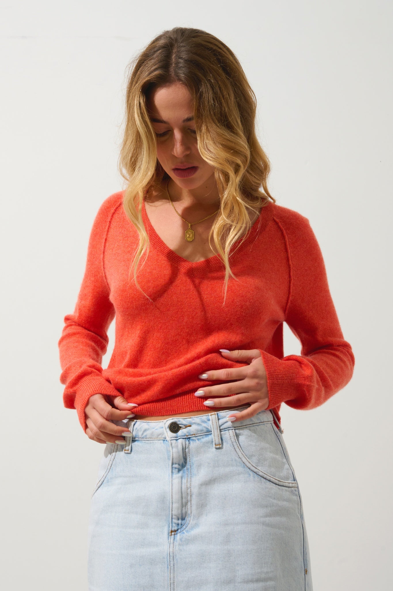 GIUSALET pull col v orange chiné 100% cachemire