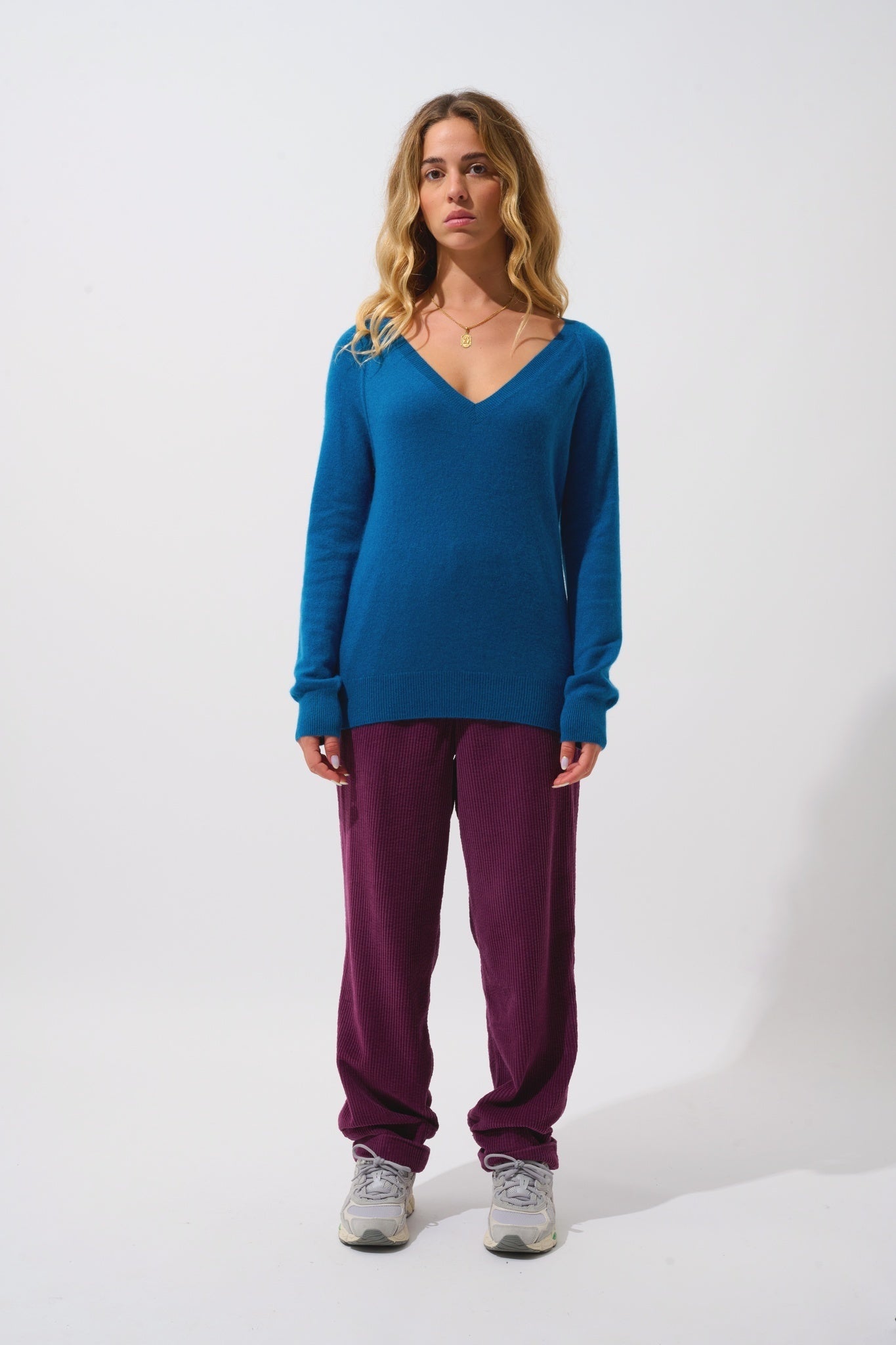 GIUSALET Pullover mit V-Ausschnitt Pfau 100% Kaschmir