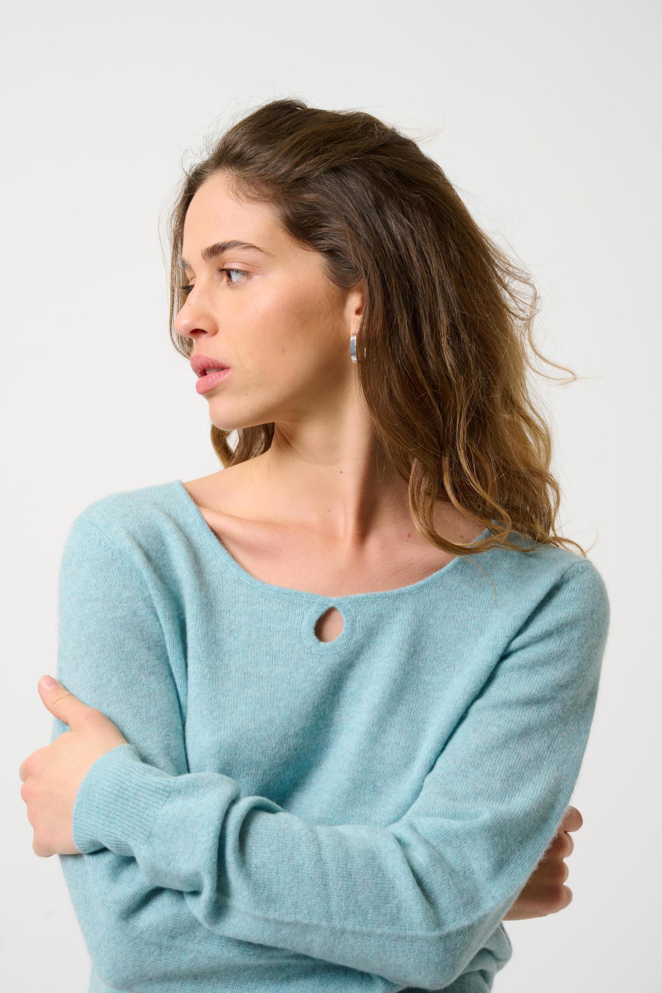 GLYDER Pullover Bootsausschnitt Tropfen vorne aqua meliert 100% Kaschmir