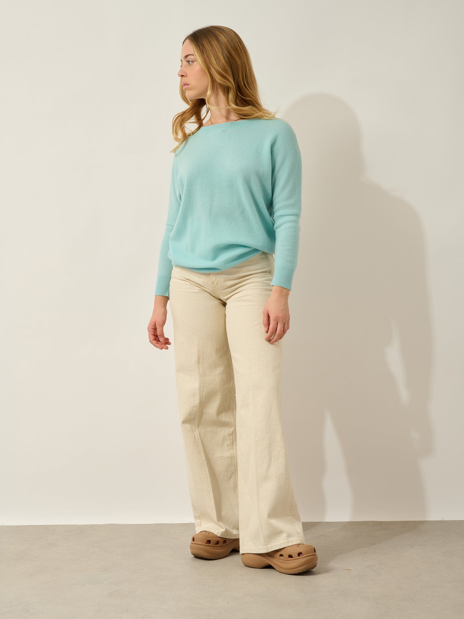 GOLÉON pull chauve souris aqua 100% cachemire