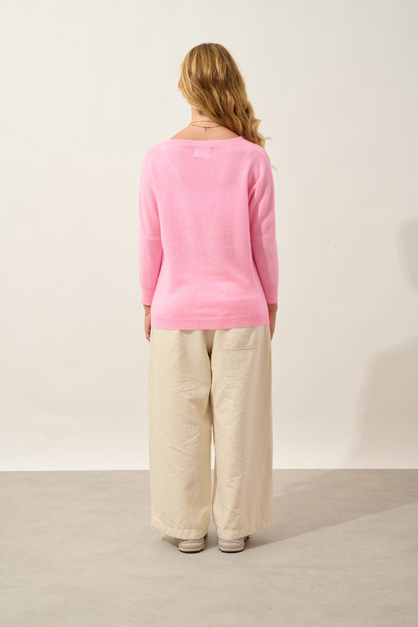 goléon pull chauve souris rose fluo chiné 100% cachemire