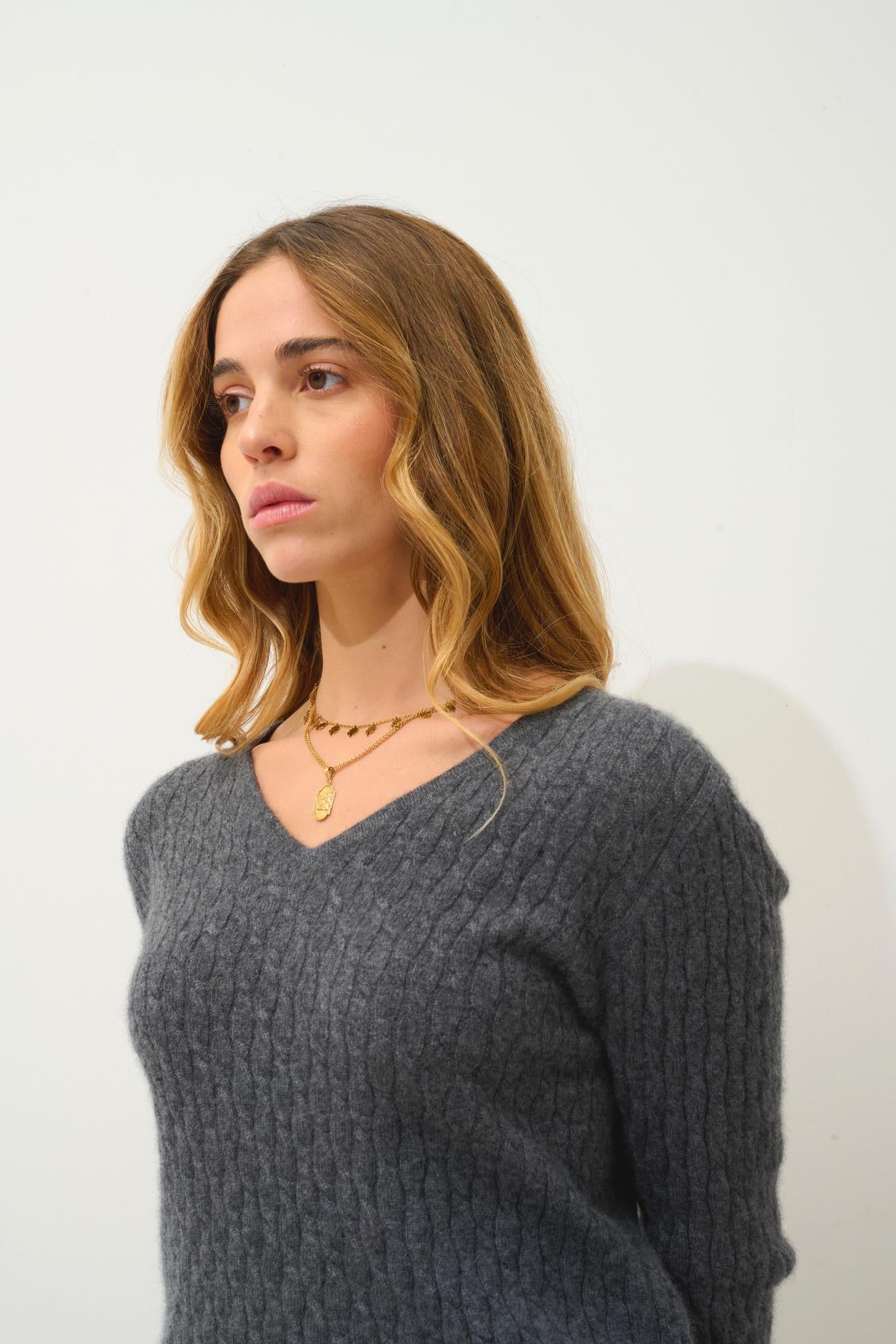 GRASMOOR Pullover mit V-Ausschnitt anthrazit meliert 100% Kaschmir