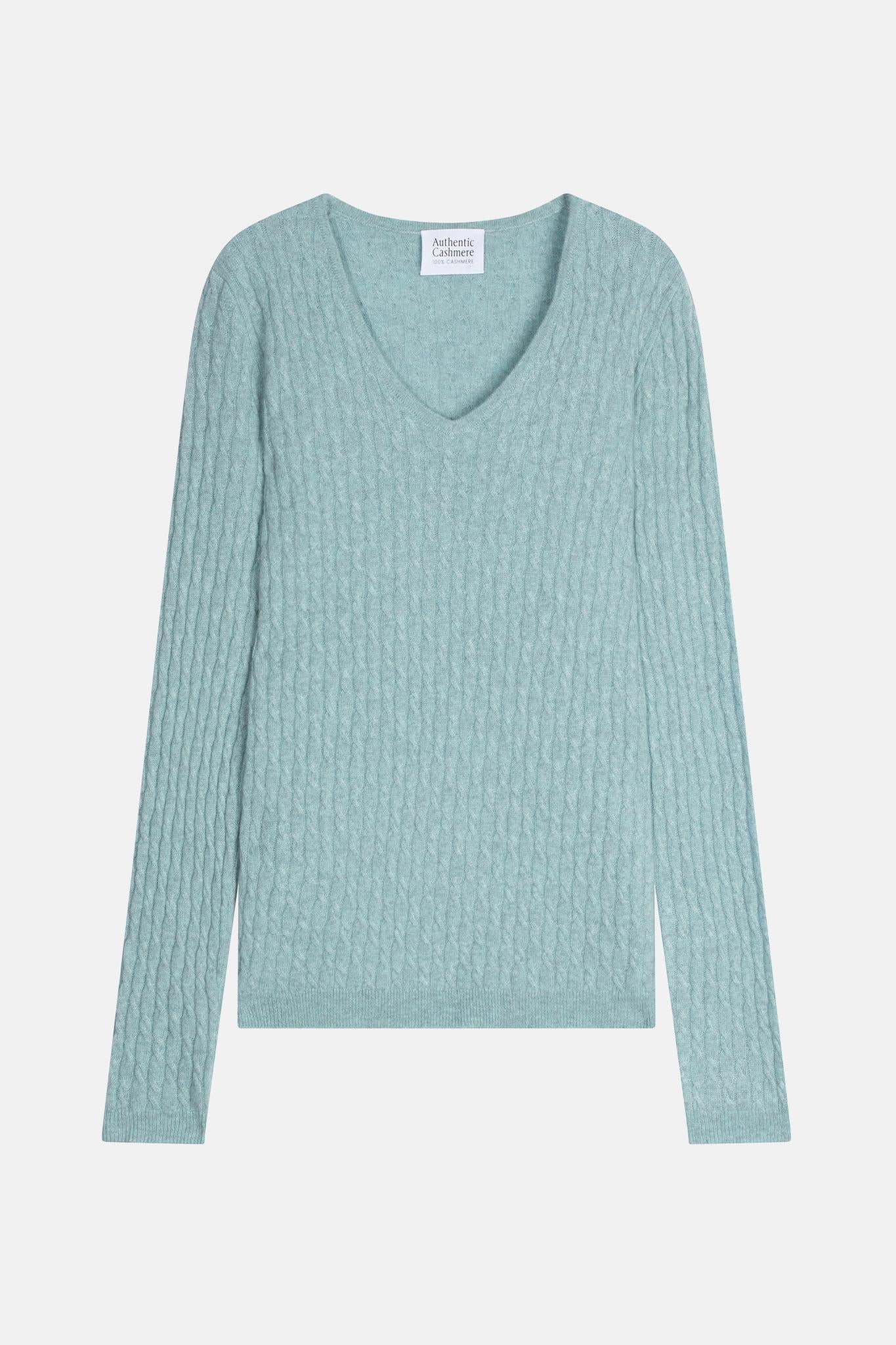 GRASMOOR pull col v aqua chiné 100% cachemire