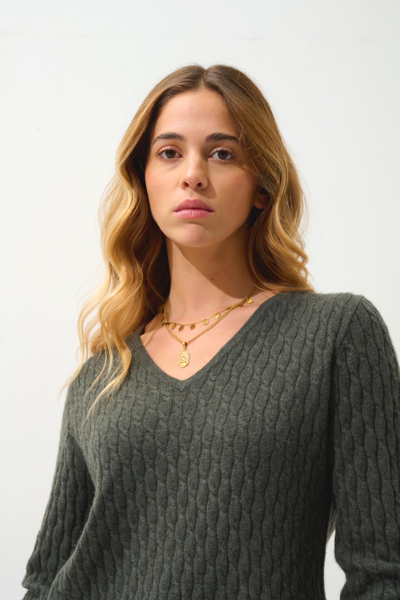 GRASMOOR Pullover mit V-Ausschnitt khaki meliert 100% Kaschmir