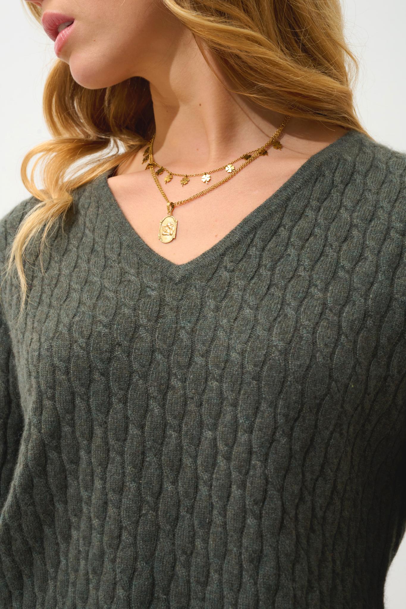 GRASMOOR Pullover mit V-Ausschnitt khaki meliert 100% Kaschmir