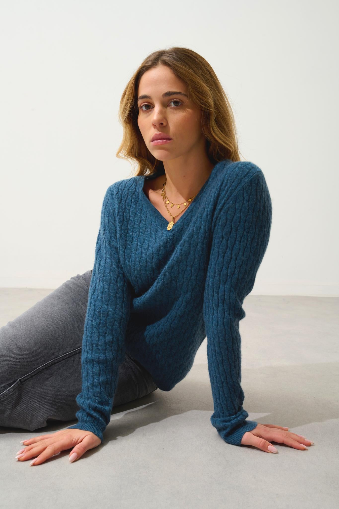 GRASMOOR duck-green mottled v-neck sweater 100% cashmere