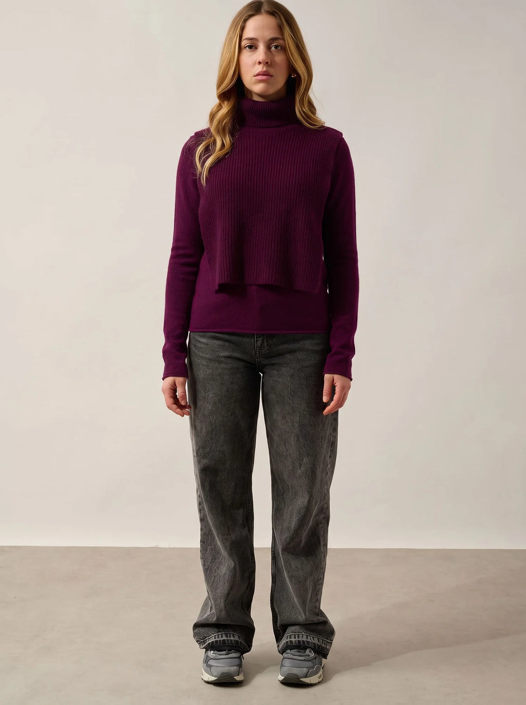 SIV Poncho Ouvert Col Roulé 4 Fils Prune