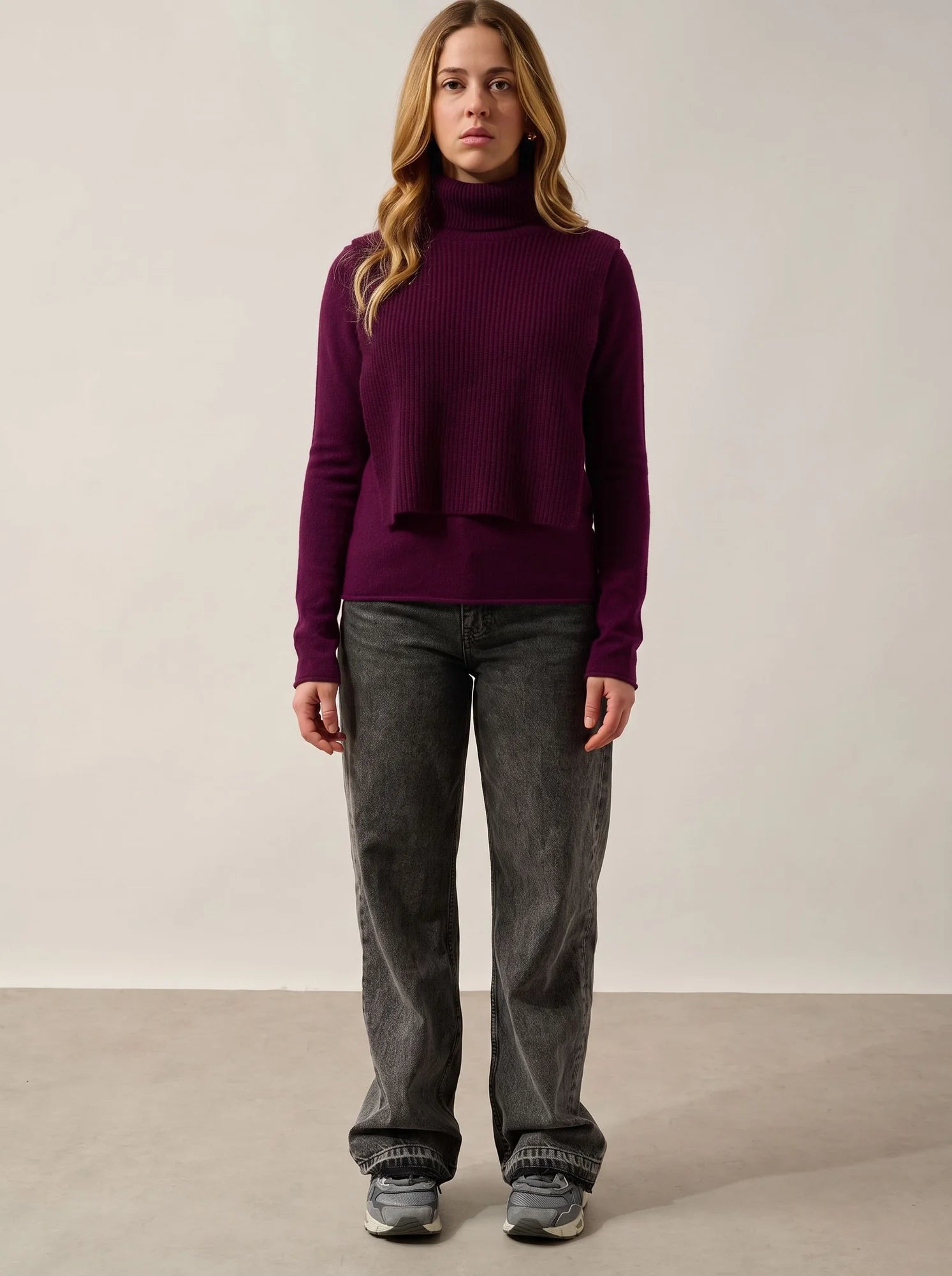 SIV Poncho Ouvert Col Roulé 4 Fils Prune