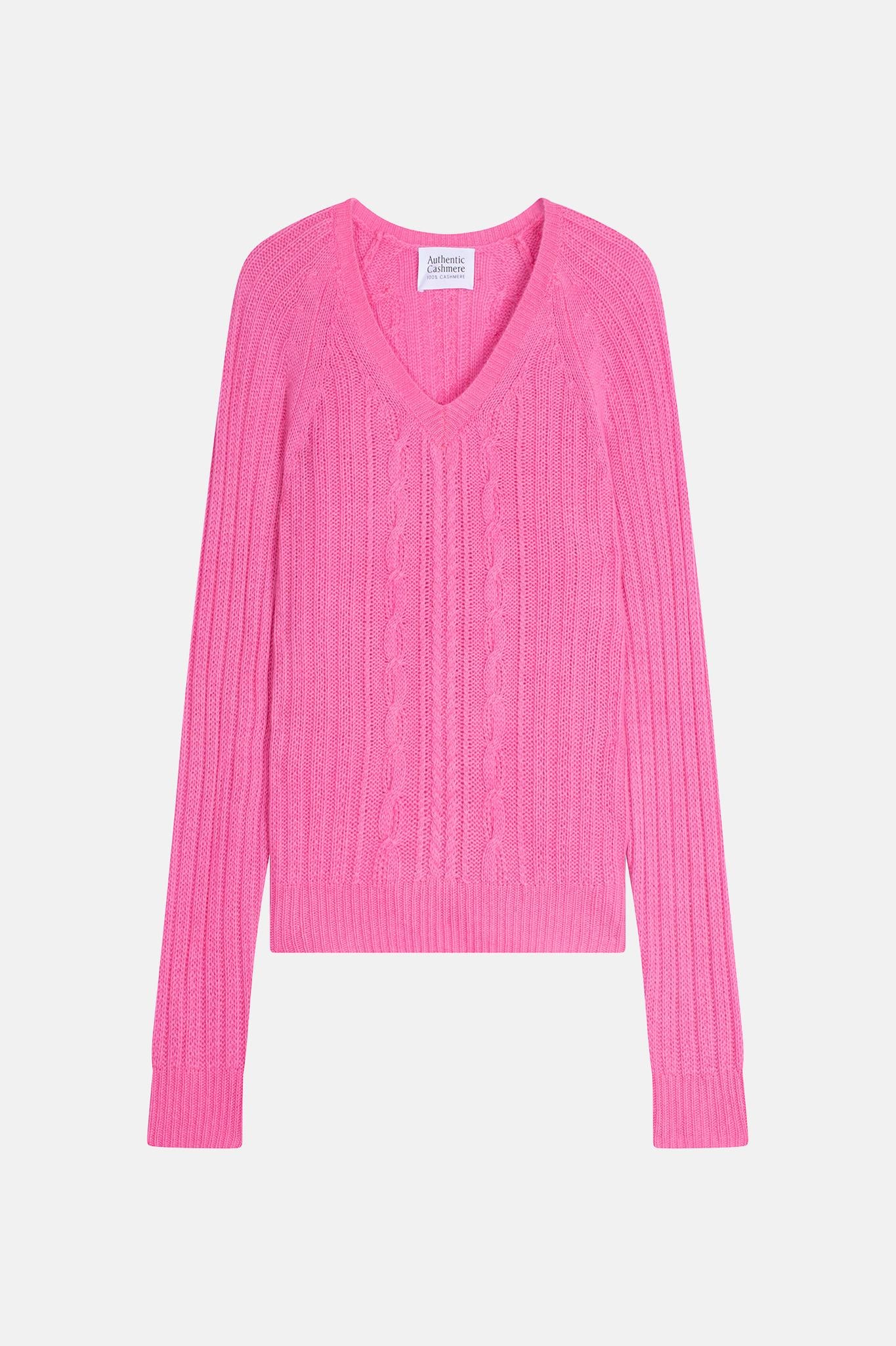 INDIRA Pullover mit V-Ausschnitt 6 Fäden neonrosa 100% Kaschmir