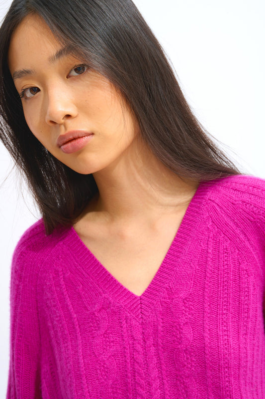 indira pull col v 6 fils violine 100% cachemire