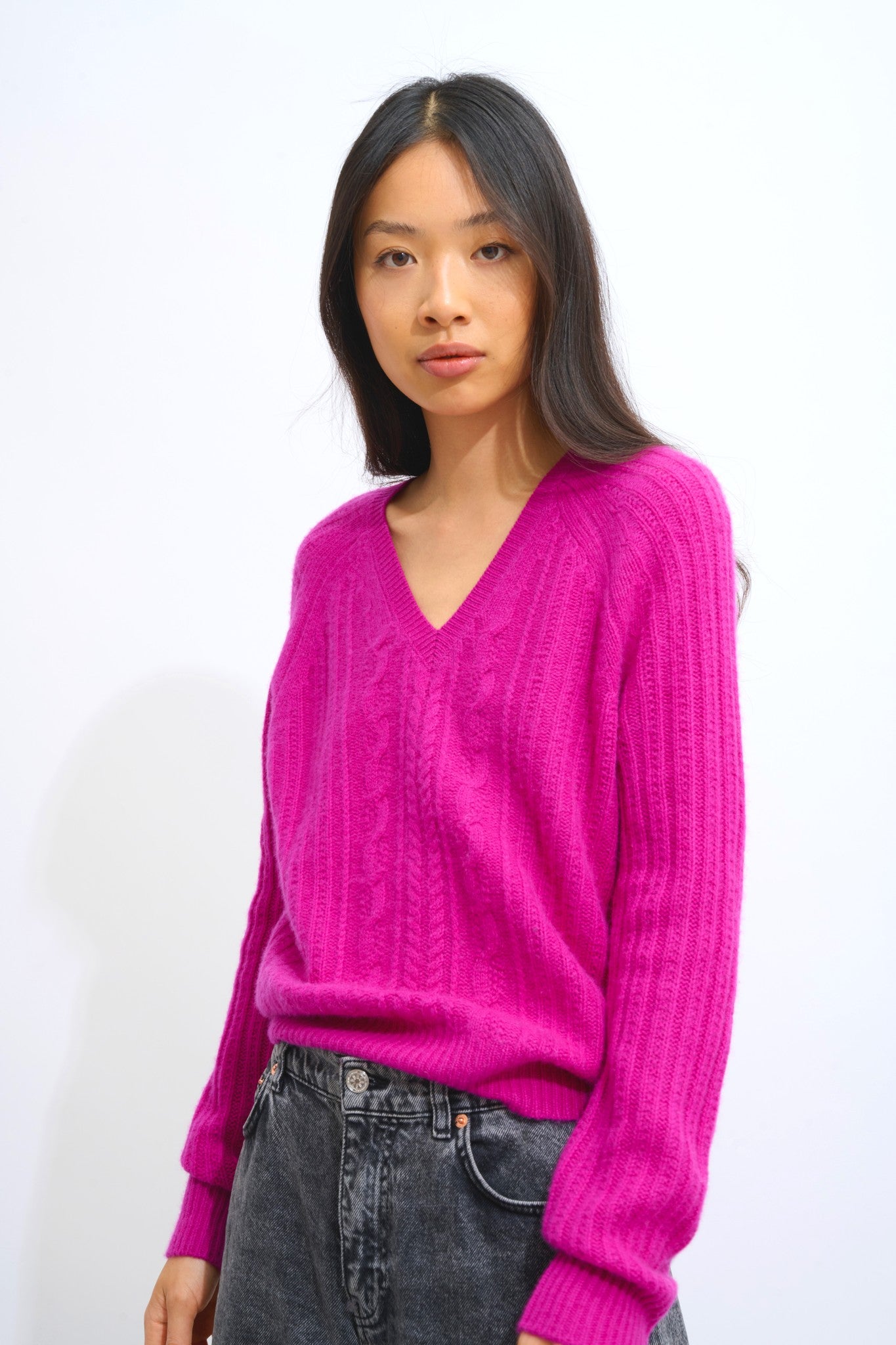 indira pull col v 6 fils violine 100% cachemire