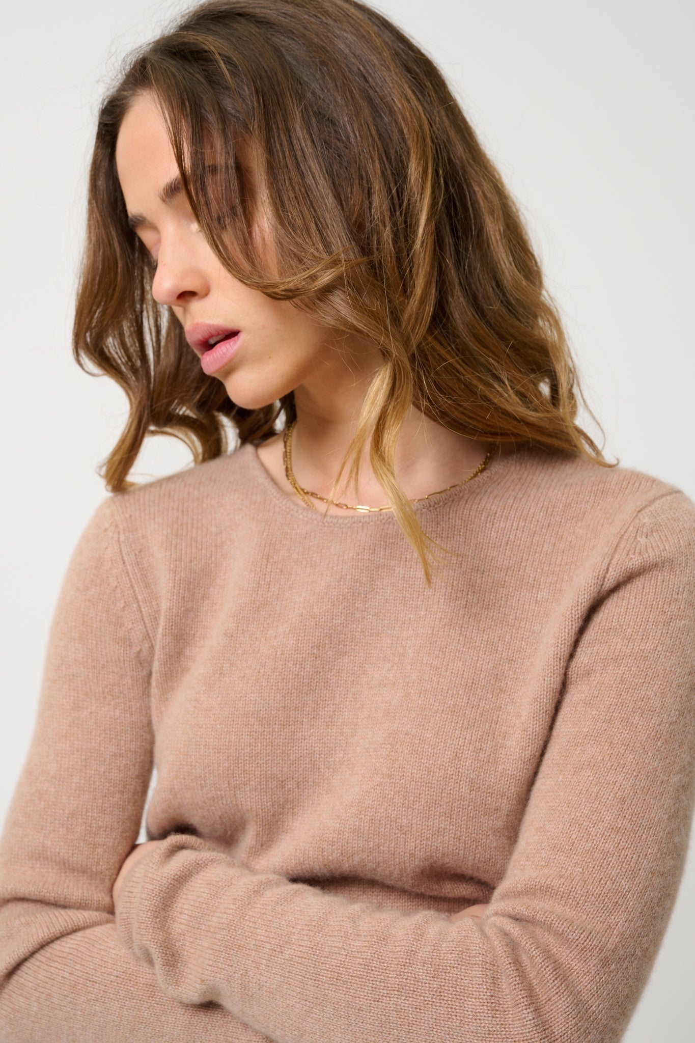 IVY pull col rond 4 fils camel chiné 100% cachemire