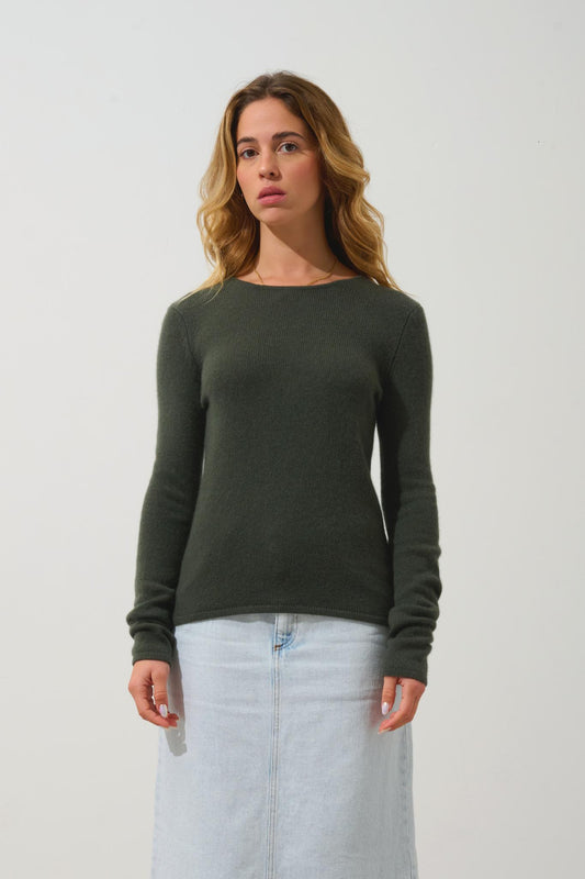 IVY pull col rond 4 fils kaki 100% cachemire