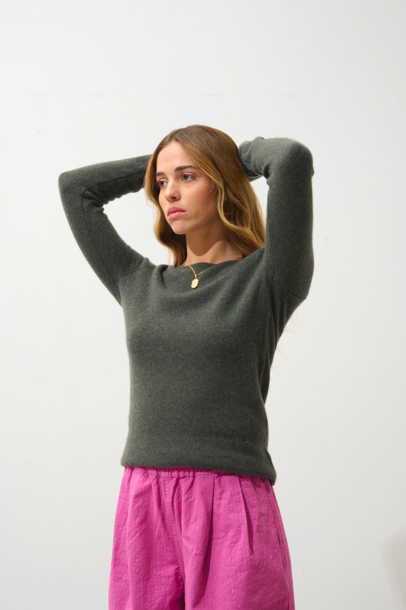 IVY pull col rond 4 fils kaki chiné 100% cachemire