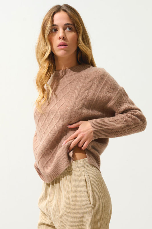 JAMPA pull col rond fentes côtés 6 fils camel chiné 100% cachemire