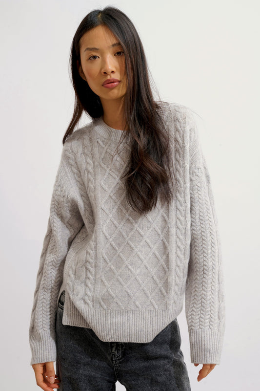 JAMPA pull col rond fentes côtés 6 fils gris clair chiné 100% cachemire