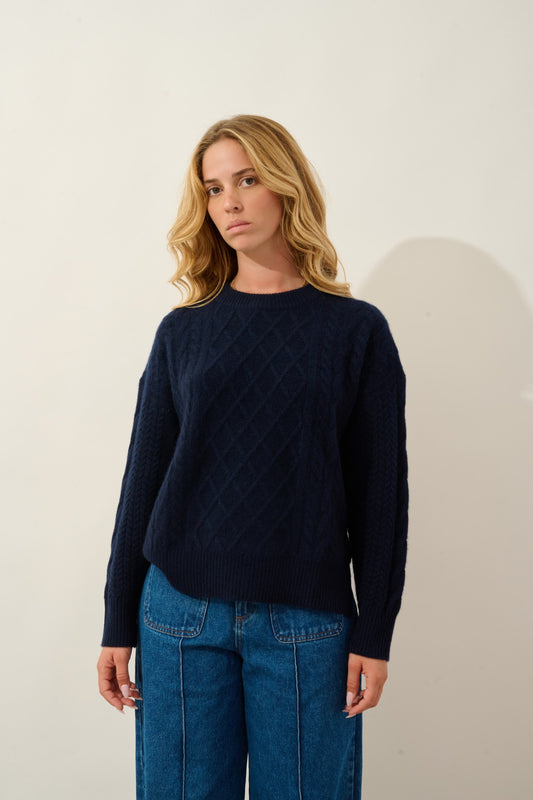 jampa pull col rond fentes côtés 6 fils navy 100% cachemire